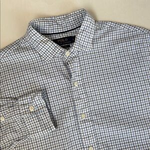 Vintage Polo Ralph Lauren Oxford Blue White Plaid Long Sleeve Shirt Mens Large